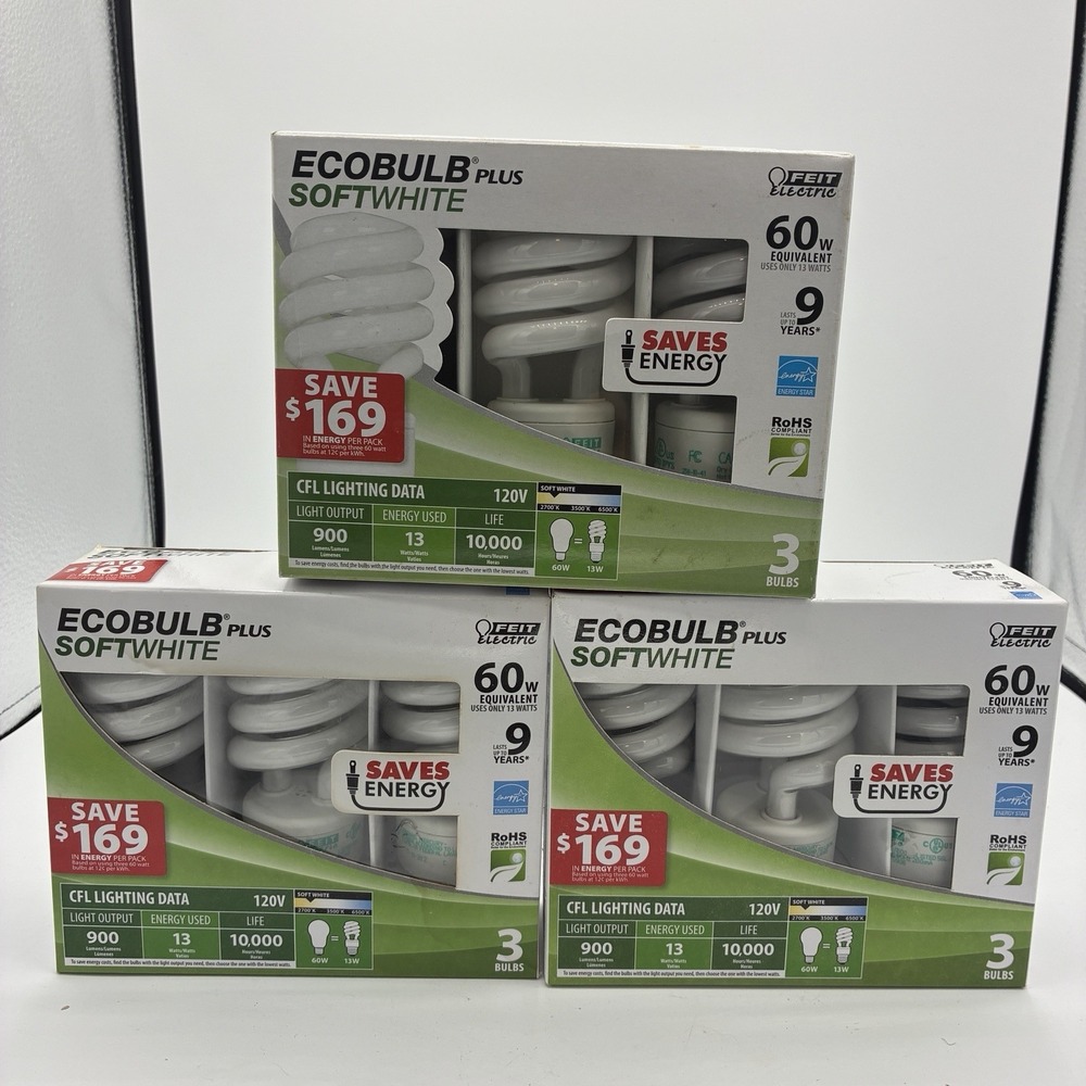 60W Equivalent CFL Light Bulbs Soft White Feit Electric Lot of 9 New